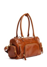 Brown leather handbag with two top handles and a detachable shoulder strap. Features multiple zippered pockets and gold-tone hardware.