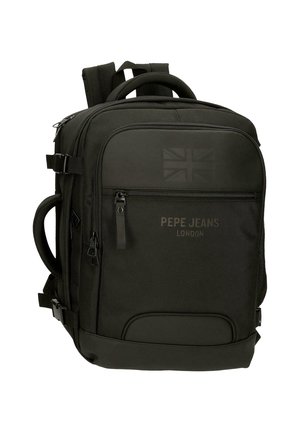 Zaino rettangolare nero con più scomparti con cerniera, manico laterale, spallacci imbottiti e logo "Pepe Jeans London" sulla tasca frontale.