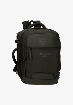 Zaino rettangolare nero con più scomparti con cerniera, manico laterale, spallacci imbottiti e logo "Pepe Jeans London" sulla tasca frontale.
