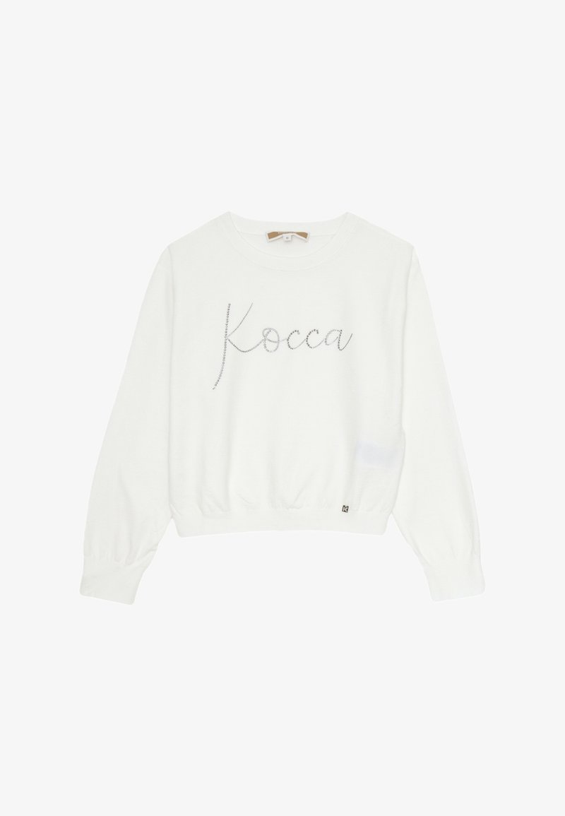 Felpa bianca corta con maniche lunghe, caratterizzata da una scritta "Kocca" arricchita con piccole strass sul frontale. Texture morbida.
