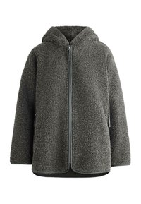 Flis jakna s kapuco v temno sivi barvi, z zadrgo po celotni sprednji strani, stranskimi žepi in teksturirano, mehko površino.