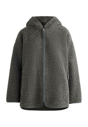 Fleecevest met capuchon in donkergrijs, voorzien van een ritssluiting aan de voorkant, zijzakken en een gestructureerd, zacht oppervlak.