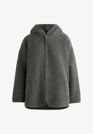 Fleecevest met capuchon in donkergrijs, voorzien van een ritssluiting aan de voorkant, zijzakken en een gestructureerd, zacht oppervlak.