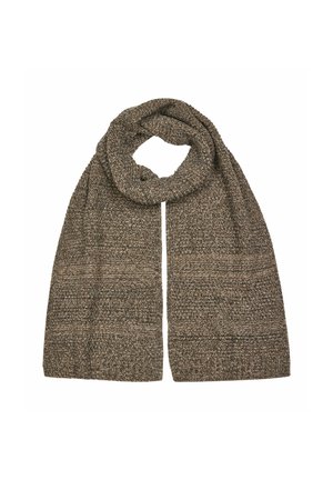 Écharpe en laine tricotée marron et beige avec des motifs texturés, pliée et posée à plat sur un fond blanc.