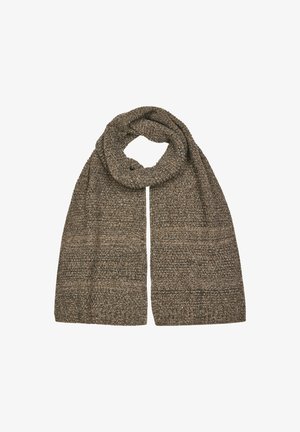 Braun und beige gestrickter Wollschal mit strukturierten Mustern, gefaltet und flach auf einem weißen Hintergrund ausgelegt.
