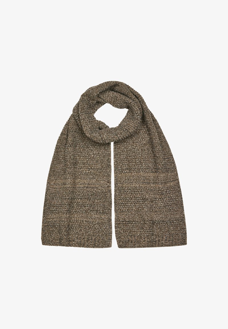 Sciarpa in lana lavorata a maglia marrone e beige con motivi testurizzati, piegata e stesa su uno sfondo bianco.