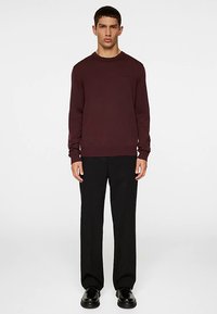 Vinröd långärmad tröja i stickat tyg, kombinerad med svarta skräddarsydda byxor och svarta skor. Enkel design med rund halsringning.