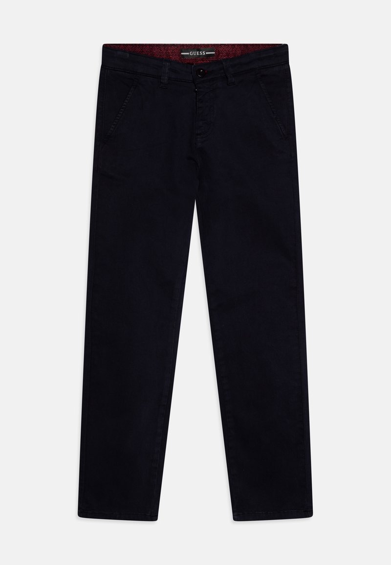 Pantalons chinos pour hommes de couleur bleu marine foncé, en tissu de coton doux. Présentent une coupe standard avec des poches avant et une ceinture texturée contrastée.