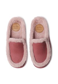 Une paire de pantoufles roses à enfiler avec doublure en peluche et étiquette circulaire brune à l'intérieur lisant "Pantoufles Toni Pons" sur fond blanc.