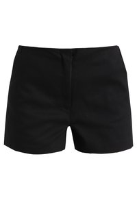 Shorts noirs en tissu lisse, dotés d'une fermeture éclair à l'avant, d'un ourlet droit et d'une coupe ajustée sans motifs ni embellissements visibles.