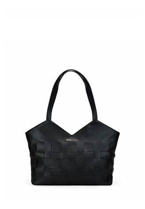 Bolso de mano de cuero negro con textura tejida, dos asas y pequeño nombre de marca dorado BOGANOVA en el centro frontal.