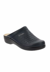 Zoccolo in pelle blu con design perforato e soletta imbottita. Presenta un fondo nero sagomato per supporto e comfort.