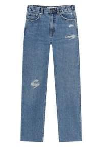 Jeans bleus taille haute à jambe droite avec des taches usées sur la cuisse et le genou, dotés de poches avant et arrière ainsi que de passants pour ceinture.