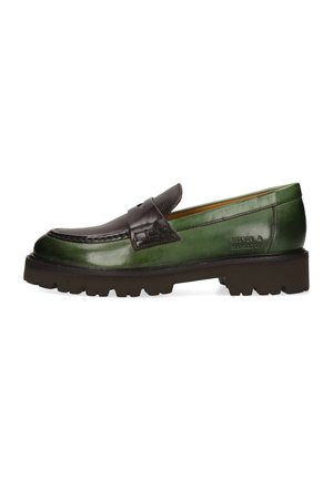 Grøn og mørkebrun læderloafer med tyk sort sål og pennyrem, sidepræget med Melvin & Hamilton-logoet.