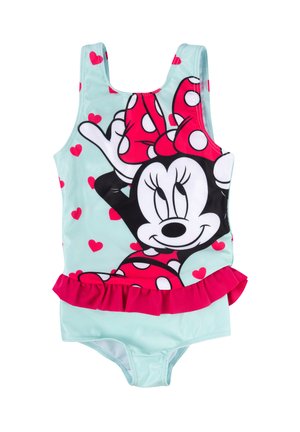 Costume da bagno intero per bambini in verde menta con grafica di Minnie Mouse, fiocco rosso a pois, motivo a cuori rosa e bordo inferiore arricciato.