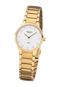 Montre-bracelet en métal doré avec un cadran blanc, présentant un design minimaliste, des index horaires dorés et un mouvement à quartz. Nom de la marque "REGENT" affiché.