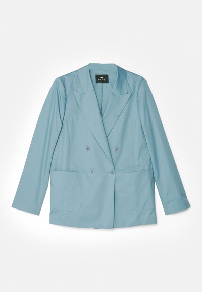 Blazer doppiopetto azzurro chiaro realizzato in tessuto liscio, con rever a scasso, due tasche frontali e chiusura a bottoni.