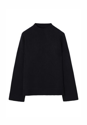 Sötét tengerészkék kerek nyakú pulóver bordázott textúrával, leengedett vállakkal és hosszú ujjakkal. Puha anyagból és kényelmes szabásból készült. Látható mintázat nélkül.