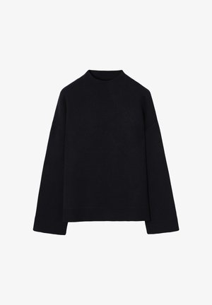 Tumši zils džemperis ar apaļu kaklu, ar ribotu faktūru, nolaižamām plecu līnijām un garām piedurknēm. Mīksts audums un brīvs piegriezums. Nav redzamu rakstu.