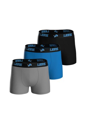 Men's boxer briefs in gray, blue, and black. Soft fabric, fitted design, and elastic waistband with "LIONS" logo in blue and black accents.
