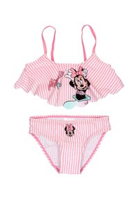 Vaaleanpunainen ja valkoinen raidallinen kaksiosainen uimapuku, jossa on röyhelöyksityiskohdat yläosassa ja Minnie Mouse -grafiikkaa ylä- ja alaosassa.