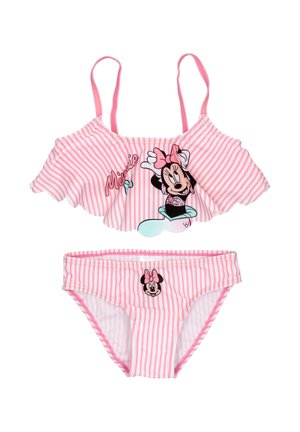 Randig bikiniset i rosa och vitt med volangtop och grafik av Minnie Mouse på över- och underdel.