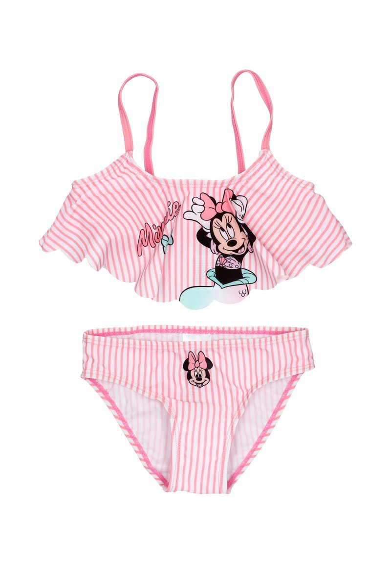 Vaaleanpunainen ja valkoinen raidallinen kaksiosainen uimapuku, jossa on röyhelöyksityiskohdat yläosassa ja Minnie Mouse -grafiikkaa ylä- ja alaosassa.