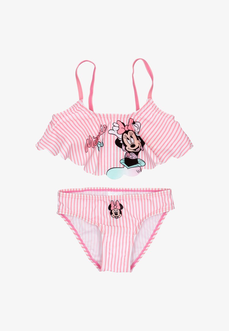 Costume da bagno due pezzi a strisce rosa e bianche con top a volant e grafiche di Minnie Mouse sopra e sotto.