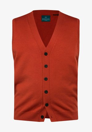Czerwona dziergana kamizelka bez rękawów z dekoltem w serek i sześcioma czarnymi guzikami z przodu. Prążkowana tekstura i lekko zwężający się krój w talii.