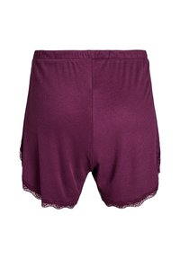 Burgundy ribbed shorts with a scalloped lace hem, featuring an elastic waistband for comfort and a loose fit that enhances breathability.