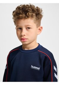 Marinblå sweatshirt med röda detaljer och vit logotyp. Har en strukturerad tygkvalitet och rundad halsringning. Designad med kontrastfärgade randiga ärmar.