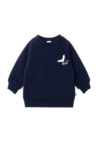 Navy blue sweatshirt made of soft fabric, featuring a white bat graphic and the word "Boo." Includes ribbed cuffs and a round neckline.