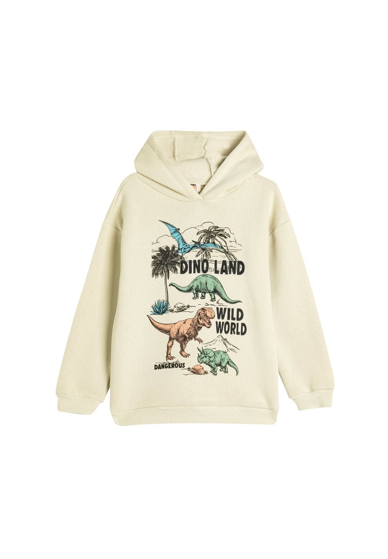 Sudadera con capucha de color beige claro que presenta gráficos de dinosaurios y el texto "DINO LAND MUNDO SALVAJE PELIGROSO". Material suave de mezcla de algodón.