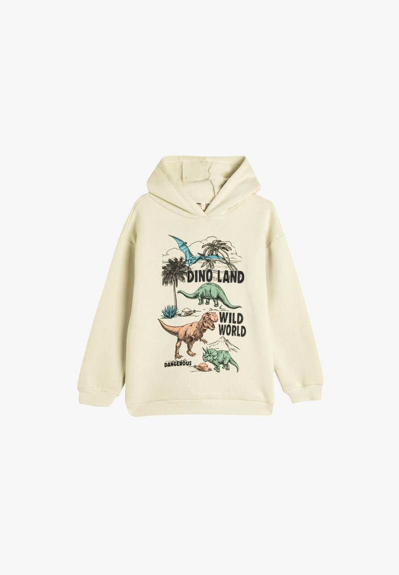 Sudadera con capucha de color beige claro que presenta gráficos de dinosaurios y el texto "DINO LAND MUNDO SALVAJE PELIGROSO". Material suave de mezcla de algodón.