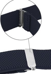 Navy blue woven belt with textured fabric, featuring a metallic silver buckle. The buckle has serrated edges for grip and a smooth finish.