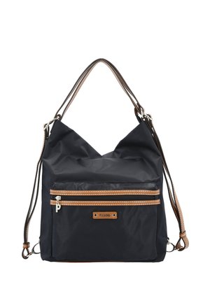 Schwarze Nylon-Tragetasche mit Frontreißverschlusstasche, braunem Lederbesatz, Metall-Reißverschluss-Zipper und verstellbaren Schultergurten.