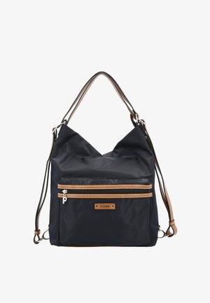 Schwarze Nylon-Tragetasche mit Frontreißverschlusstasche, braunem Lederbesatz, Metall-Reißverschluss-Zipper und verstellbaren Schultergurten.