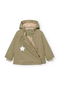 Khaki vanntett jakke med hette, myk beige fôr, trykknapper og en stjernesformet merkelapp, med en avslappet passform og lange ermer.