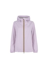 Giacca viola chiaro con cappuccio, zip completa, polsini elastici e un dettaglio a righe lungo la zip. Tessuto liscio e leggero.