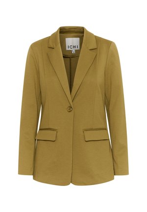 Blazer verde oliva con un solo bottone, revers a punta e due tasche frontali; realizzato in un tessuto morbido e texturizzato.