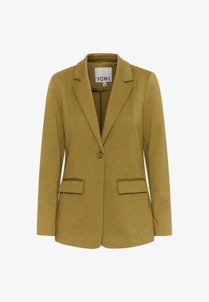 Olive green blazer with a single button, notched lapels, and two front pockets; made from a soft, textured fabric.