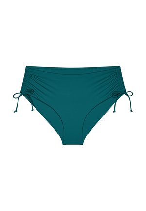 Spodenki od bikini w kolorze morskim, z wysokim stanem, regulowanym marszczeniem po bokach i związanymi kokardkami na biodrach.
