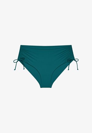 Teal high-waisted bikini bottoms with adjustable side ruching and tied bows on each hip.