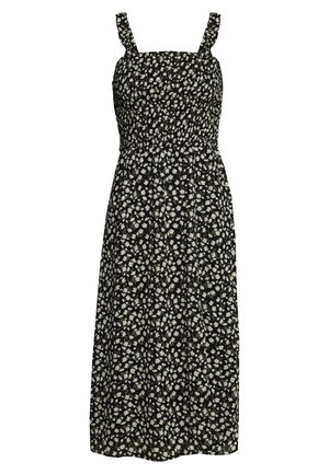 Schwarzes Midikleid mit weißem Gänseblümchenmuster, quadratischem Ausschnitt, gerafftem Oberteil und Schulterträgern.