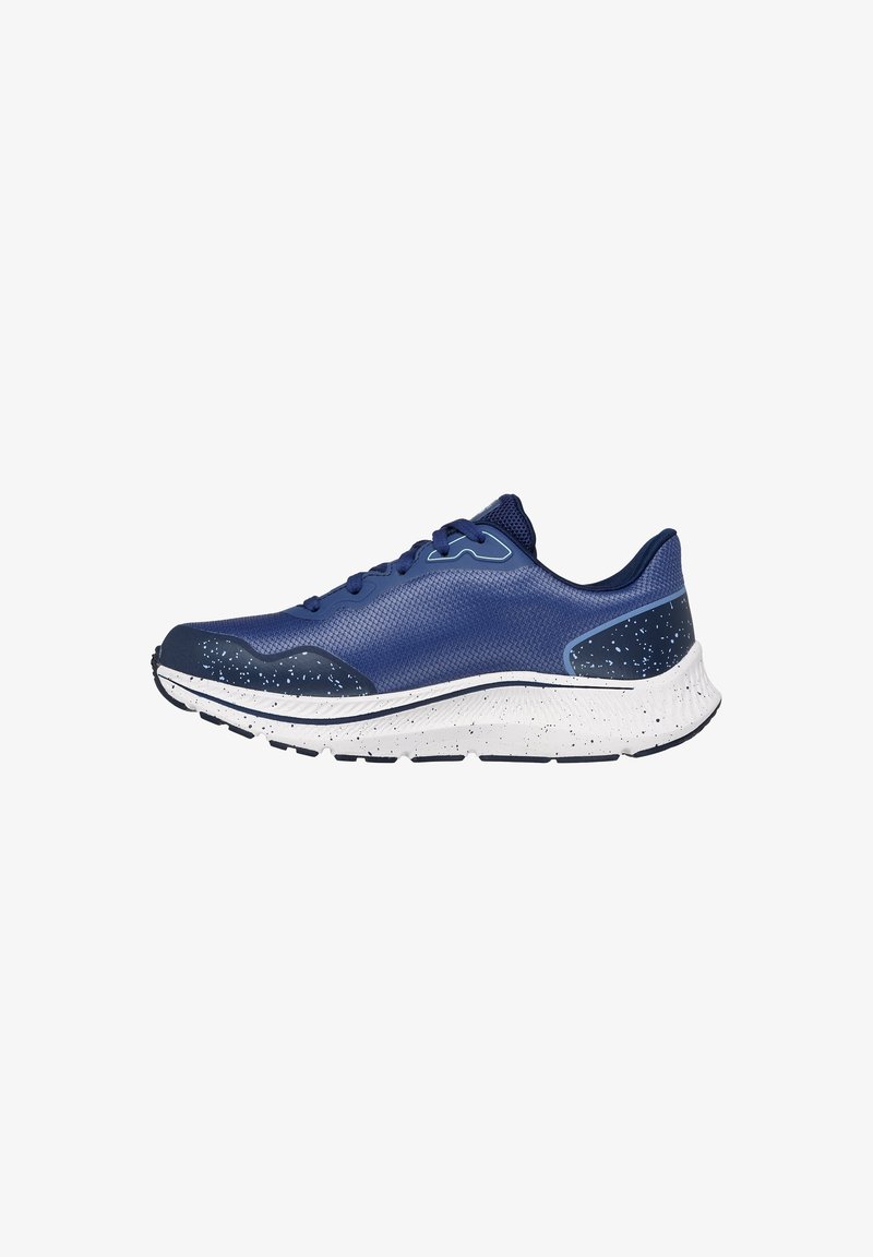 Zapatillas deportivas en color navy con parte superior texturizada, mediasuela blanca salpicada y detalles de acento en contraste. Diseño con cordones y collar acolchado.