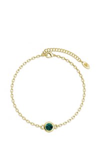 Gouden kettingarmband met een ronde teal edelsteen in het midden, verstelbare lengte, met een klein label en sluiting.