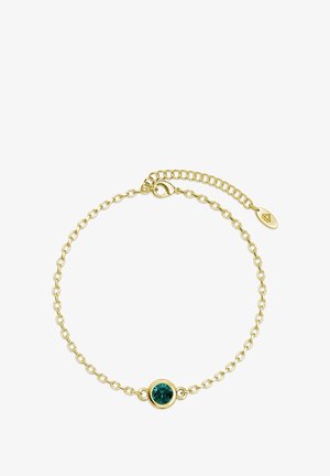 Bracciale in oro con un centro in pietra teal rotonda, lunghezza regolabile, dotato di un piccolo tag e chiusura a gancetto.