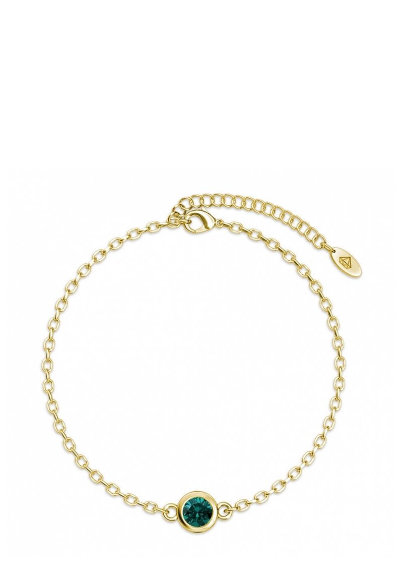 Gouden kettingarmband met een ronde teal edelsteen in het midden, verstelbare lengte, met een klein label en sluiting.