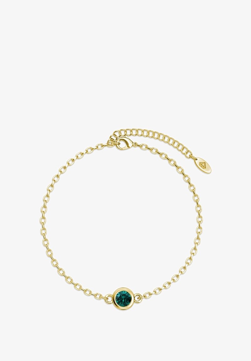Bracciale in oro con un centro in pietra teal rotonda, lunghezza regolabile, dotato di un piccolo tag e chiusura a gancetto.