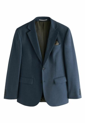 Granatowy blazer z klapami, dwoma przednimi kieszeniami i kieszenią na piersi. Wykonany z teksturowanej tkaniny z gładką podszewką.